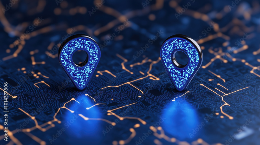Aufkleber digital map displaying location pins with glowing blue lights