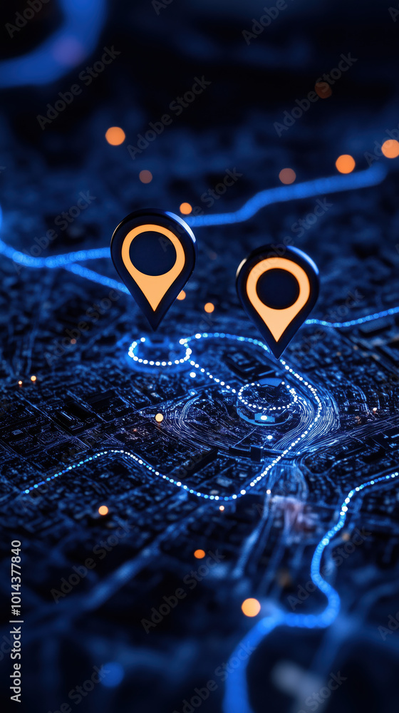Poster digital map displaying location with two pins set, showcasing vibrant details