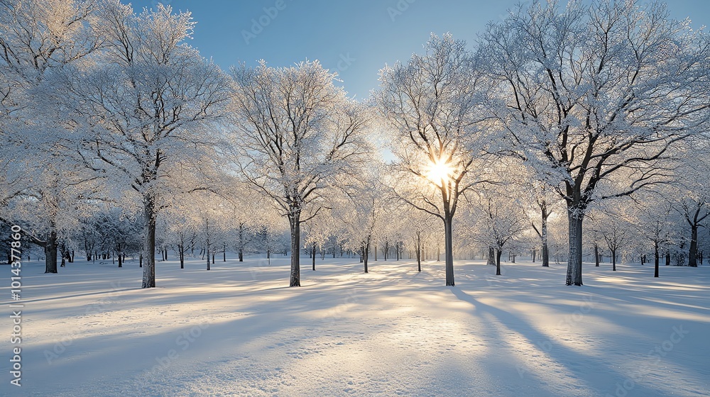 Poster sun shining through bare trees covered in snow on a winter day.