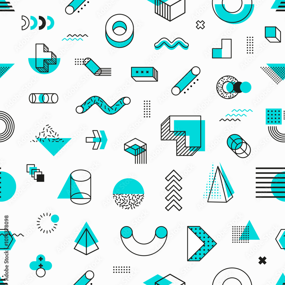 Poster Blue geometric Memphis shape seamless pattern background of simple line shapes, vector tile. Modern or retro Y2K hipster Memphis pattern background of minimal geometric figures and isometric elements