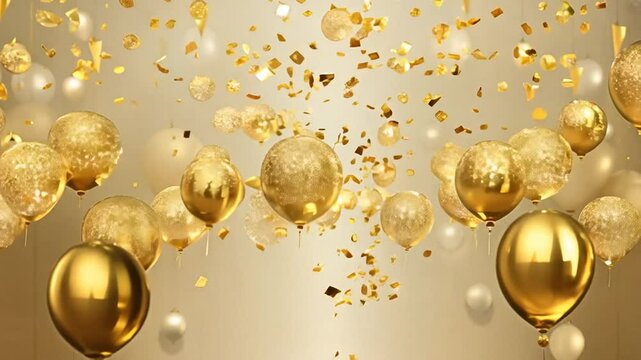 Festive background footage with gold balloons and scattered golden confetti. Premium background for a festive birthday celebration.
