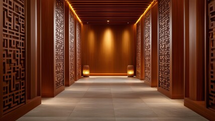 A serene wooden hallway illuminated by soft lighting, featuring intricate patterned walls and a tranquil ambiance.