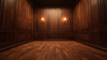 A dimly lit wooden room with ornate walls and two sconces, creating an elegant yet mysterious atmosphere.