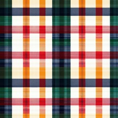 A vibrant plaid pattern featuring red, green, navy, and orange stripes on a creamy background, ideal for fabrics and home decor.