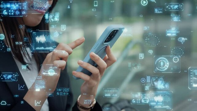 Woman using smartphone in the city and digital technology concept