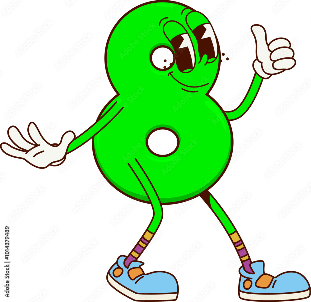 Poster math number eight cartoon groovy character. Isolated vector cheerful and curvy numeral 8 with googly eyes and friendly smile. Green playful personage adds charm to arithmetic and mathematics learning