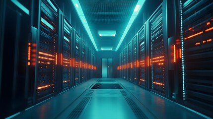 Fototapeta premium technological background on servers in data center, futuristic design. Server room represented by several server racks with strong dramatic light. 