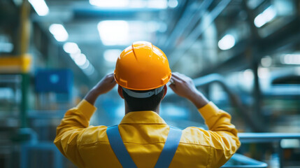 A worker in a yellow jacket and orange safety helmet with "IIS" printed on it stands in an industrial setting, likely a manufacturing facility.