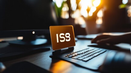 A person working on a laptop with a small card labeled "IS8" prominently displayed in front, possibly a branded placeholder or a product tag.