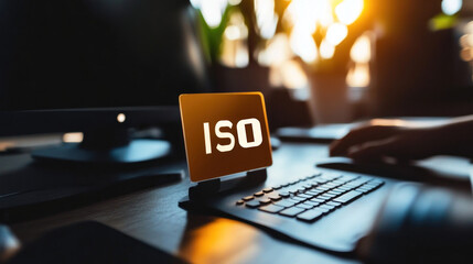 A person working on a laptop with a small card labeled "IS8" prominently displayed in front, possibly a branded placeholder or a product tag.