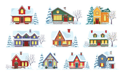 Christmas winter house facade exteriors. Vector Xmas holiday town or village street scene of cartoon home buildings with Christmas trees, snow, lights and Xmas decorations, wreaths and garlands