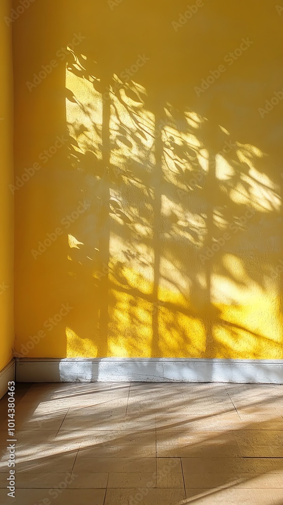 Poster sunlight streams through a window, casting abstract shadows on a yellow wall and wooden floor.