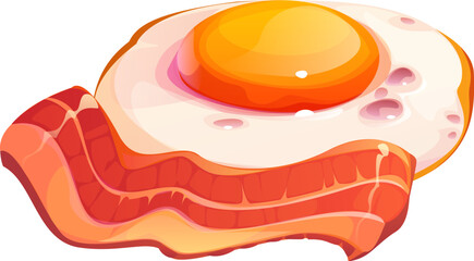 Cartoon bacon and fried egg. Perfectly cooked sunny-side-up egg with a bright yellow yolk, paired with crispy bacon slices. Classic breakfast combination, evoking warmth, satisfaction, and hearty meal