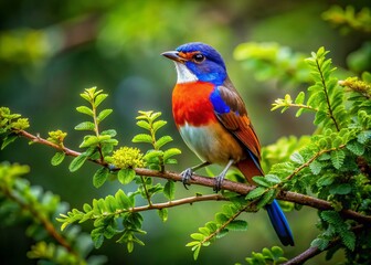 Obraz premium A beautiful bird sitting gracefully on lush branches, immersed in nature’s embrace. This captivating wildlife image