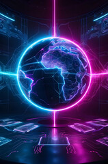 Futuristic Digital Globe Interface in Neon Colors. Global Connectivity, Data Visualization, Cyber Interface.