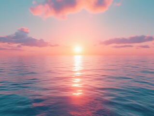 Fototapeta premium Sunset over a calm ocean with pink and orange clouds reflecting on the water.