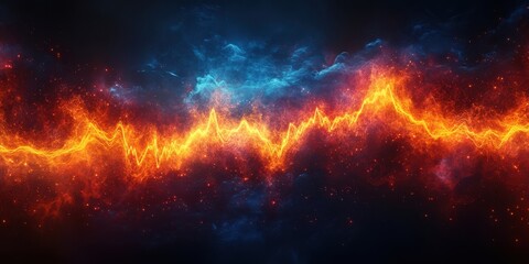 Fototapeta premium Abstract fiery wave pattern with glowing particles and a blue nebula in the background