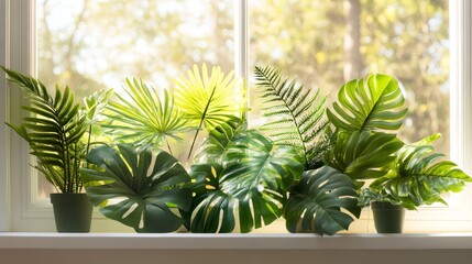 Tropical plants cut-out, including monstera, fern, palm, and rubber plant, lush green, clear window setting, sunlight highlighting leaves