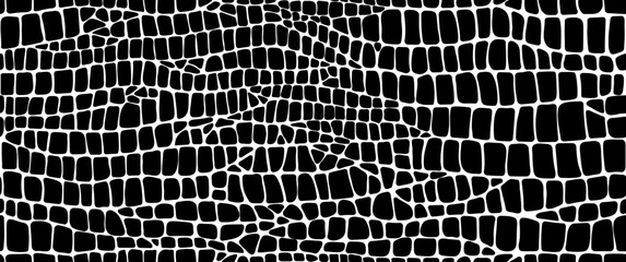 Snake reptile, crocodile or dinosaur animal leather skin pattern, vector background. Abstract black and white texture background of crocodile or snake skin pattern, python, alligator or cobra leather