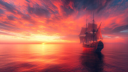 Fototapeta premium Columbus' Ship against a Bright Red Sunset with Text Space
