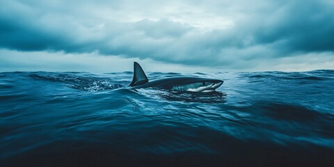 Fototapeta premium A great white shark emerges from the dark blue water.