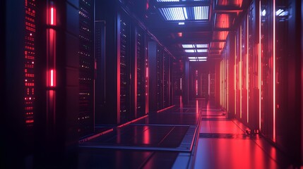 technological background on servers in data center, futuristic design. Server room represented by several server racks with strong dramatic light. 