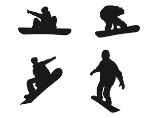silhouette snowboard man on snow, jumps on snowboard. Silhouettes of snowboarder isolated. Row of snowboard silhouettes jumping. Silhouette of a snowboarder isolated on a white background.