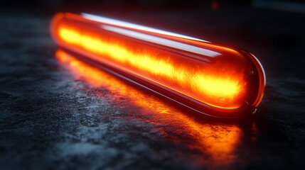 A glowing orange liquid inside a test tube on a dark background.