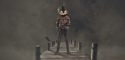 Scary Halloween monster standing on a wooden deck