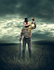 Scary pumpkin head character in the fields