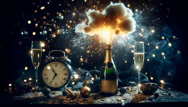 A dramatic scene of a champagne bottle exploding at midnight on New Year's Eve, with a clock and sparkling decorations in the background
