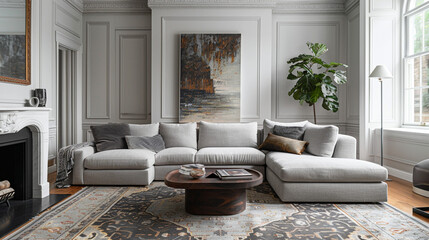 A chic transitional living room with a soft gray sectional sofa, a dark wood coffee table, and a patterned area rug. 