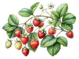A delicate monochromatic watercolor illustration showcasing strawberry branches adorned with ripe berries and vibrant