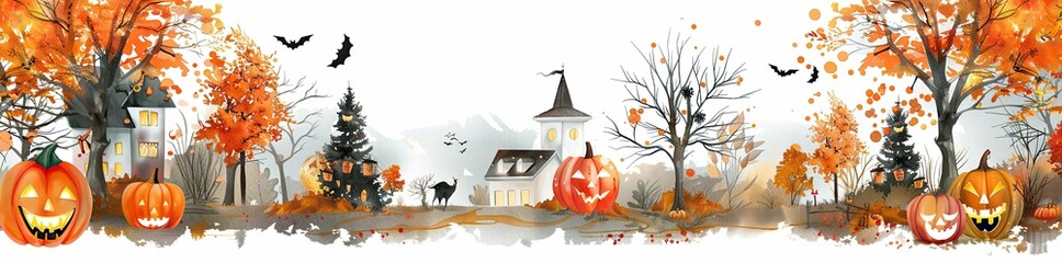 Halloween pumpkins and old houses on a white background