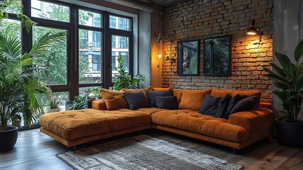 Fototapeta premium Cozy Industrial Loft Living Room with Plants