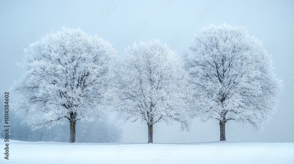 Poster three bare trees covered in frost stand in a snowy field with a foggy, pale blue sky.