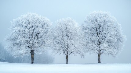 Fototapeta premium Three bare trees covered in frost stand in a snowy field with a foggy, pale blue sky.