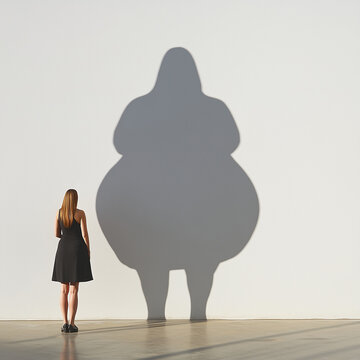 A thin woman&rsquo;s shadow on a wall appears as an overweight figure, symbolizing distorted self-perception and body image issues.  contrast explores themes of identity, insecurity, and body dysmorphia



