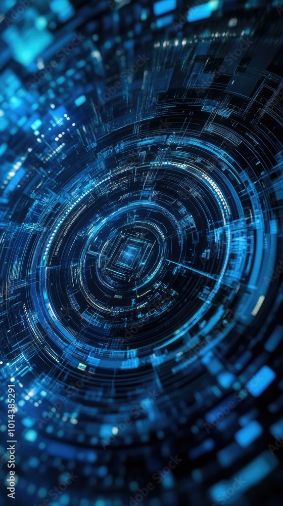 Poster dynamic digital abstract background showcasing intricate blue patterns and glowing elements represen