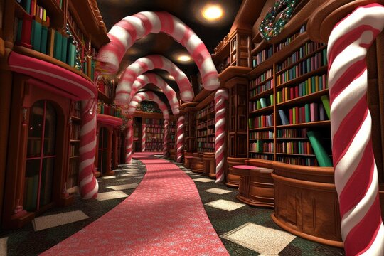 An enchanting library adorned with candy-striped decorations, featuring tall bookshelves and a whimsical pathway.