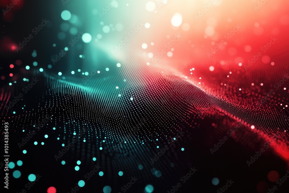 Poster vibrant digital landscape with luminous particles and waves in red and teal colors, creating a mesme