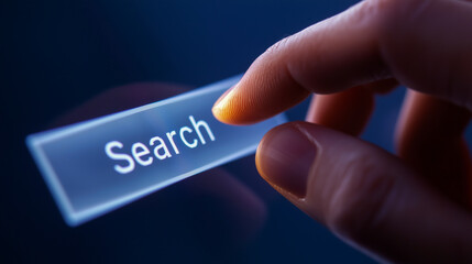 Close-up of a finger pressing a glowing 'Search' icon