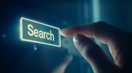 Close-up of a finger pressing a glowing 'Search' icon
