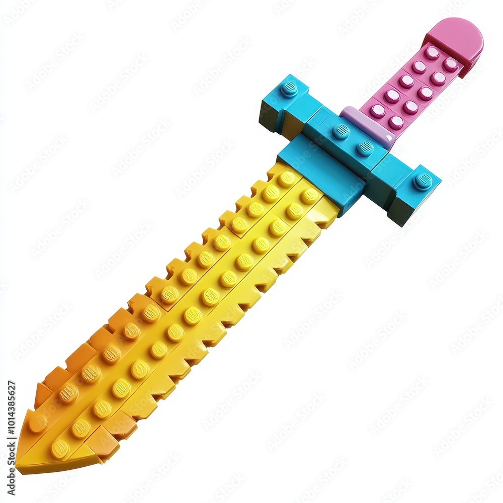 Poster a colorful toy sword made of interlocking building blocks, designed for imaginative play.