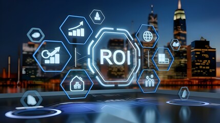 Touch screen displaying the concept of ROI (Return on Investment) with various financial icons, business concepts, business technology, ROI calculation