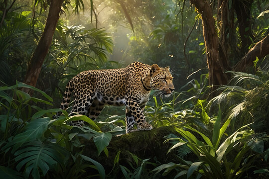 A high-detail render of an endangered leopard in its natural habitat,