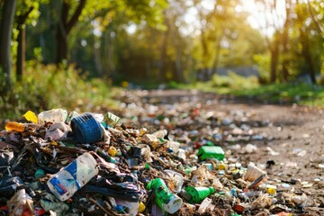 Obraz premium A pile of trash with a yellow bag on top, generative ai image