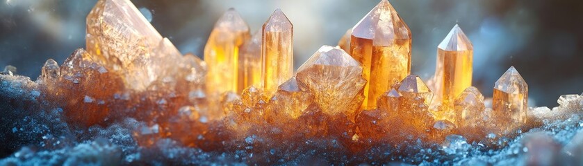 An enchanting landscape where crystal formations merge with intricate machinery, captured in stunning detail through macro photography