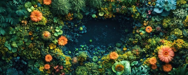 Obraz premium Birds-eye view of a vibrant fantasy world, intricate ecosystems intertwining, macro photography details illuminate natures wonders