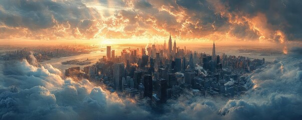 Birds-eye view of a vibrant city, melting icecaps and wild storms swirling above, digital art masterpiece